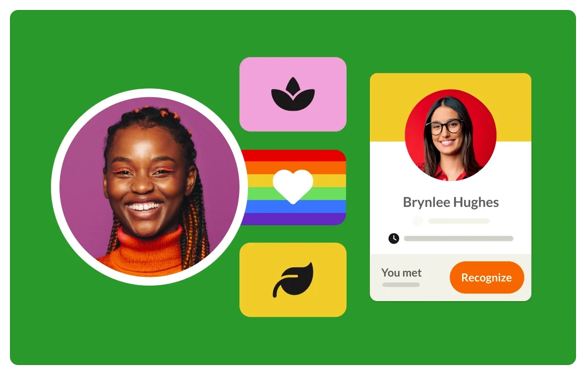 Circular image of a smiling woman with dreadlocks wearing an orange turtleneck on a purple background and Pink square with a black flower icon and Square with a white heart icon over a rainbow background and Image of a woman’s face over a yellow and white background with the name