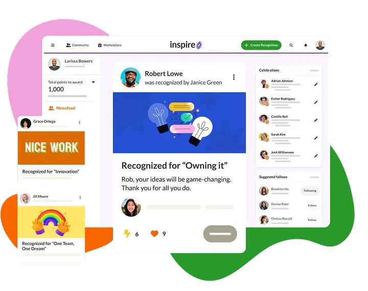 Screenshot of the Achievers platform showing multiple windows recognizing employees